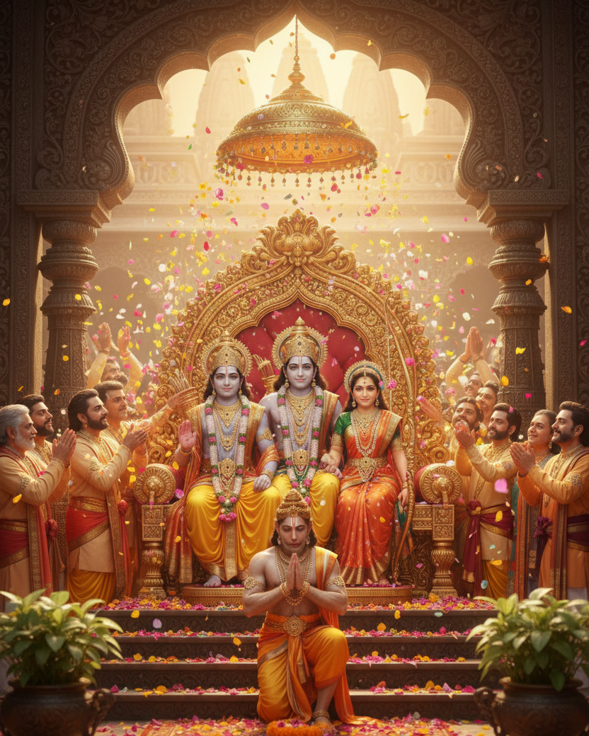 Ram,lakshman and Sita Maa sitting on the throne and Hanuman is bowing with the people of ayodhya showering flowers at them. Creating the scenic Ram darbaar
