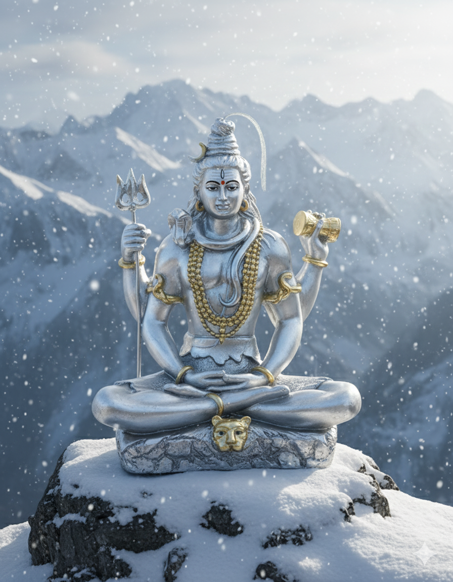 Lord shiva gold and Silver idol sitting in a snowy winter mountain meditating