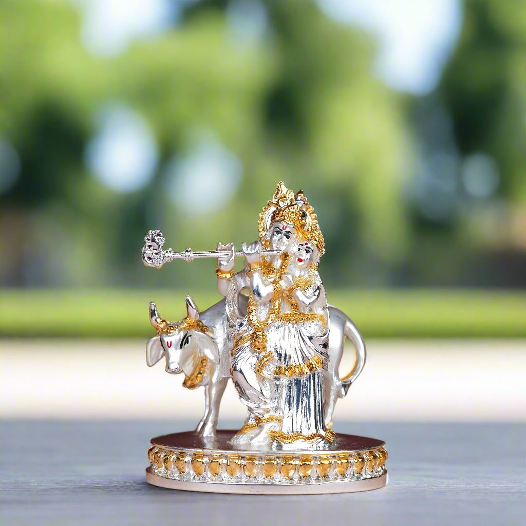 Silver Plated Radha Krishna Statue with Cow Idol
