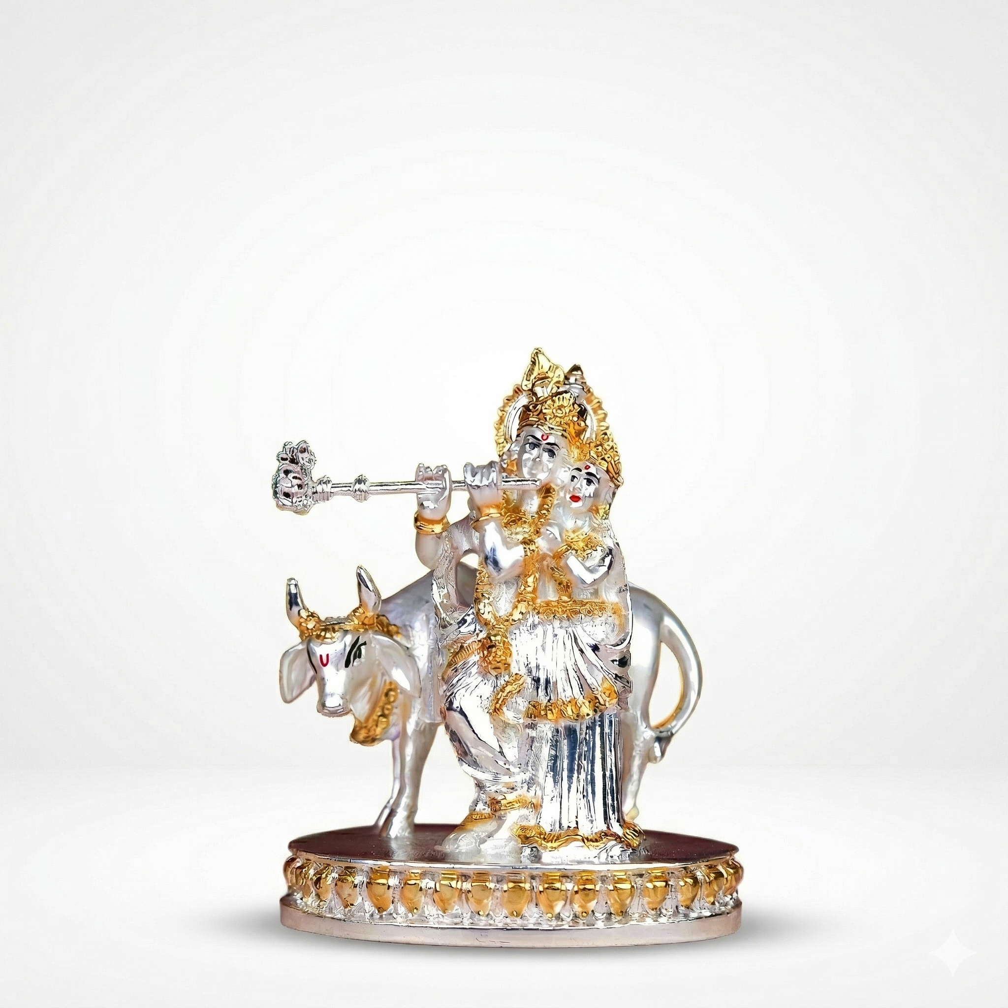 Silver Plated Radha Krishna Statue with Cow Idol